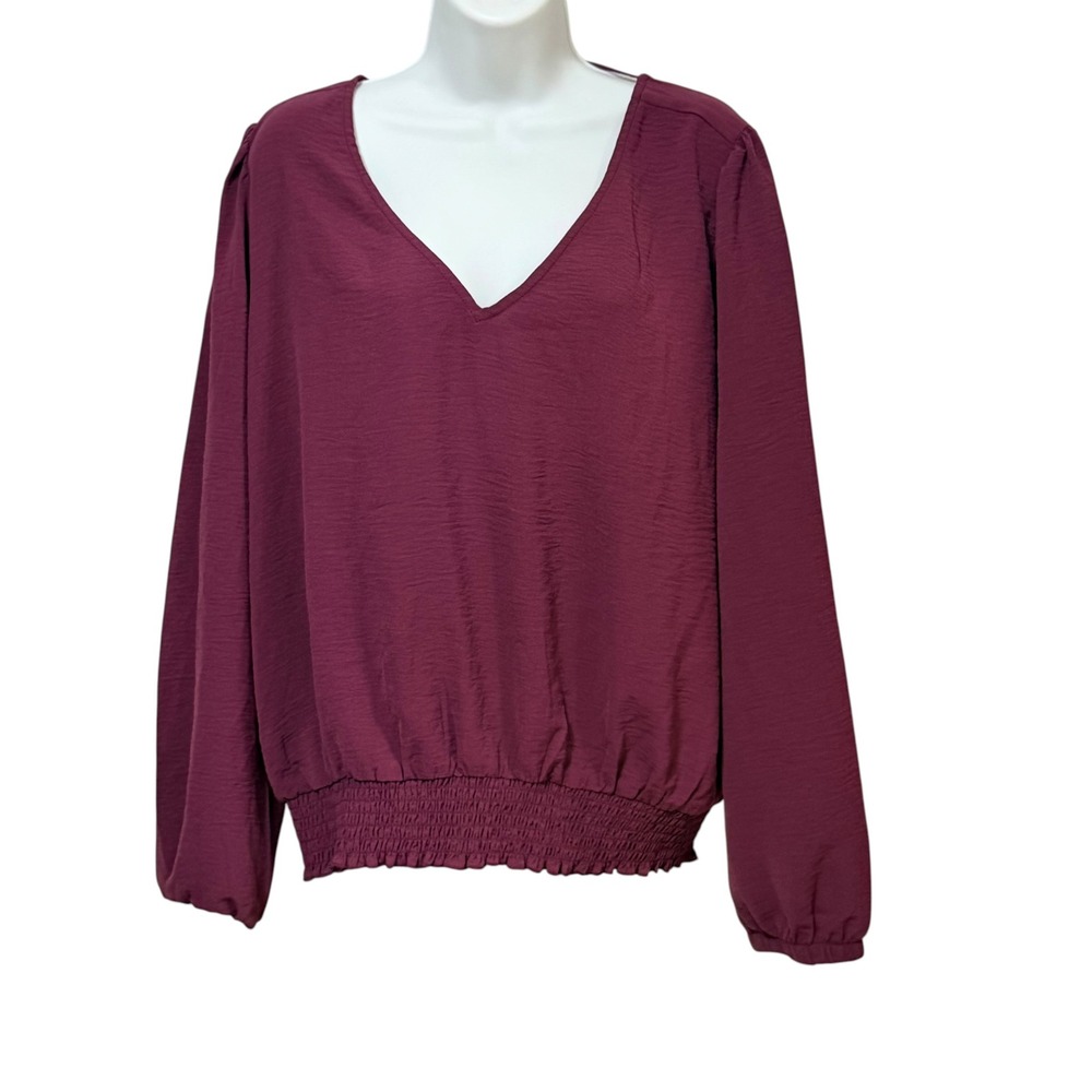 Mine Britton Womens XL Burgundy V-Neck Smocked Hem Tie Back Blouse WTP120569-SF